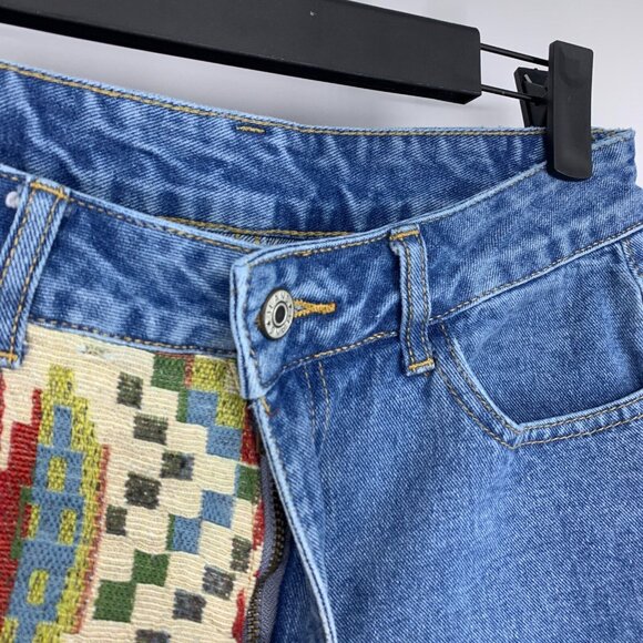 Shein Denim Shorts Blue Roll Up Embroidered Aztec Tribal - Picture 3 of 9